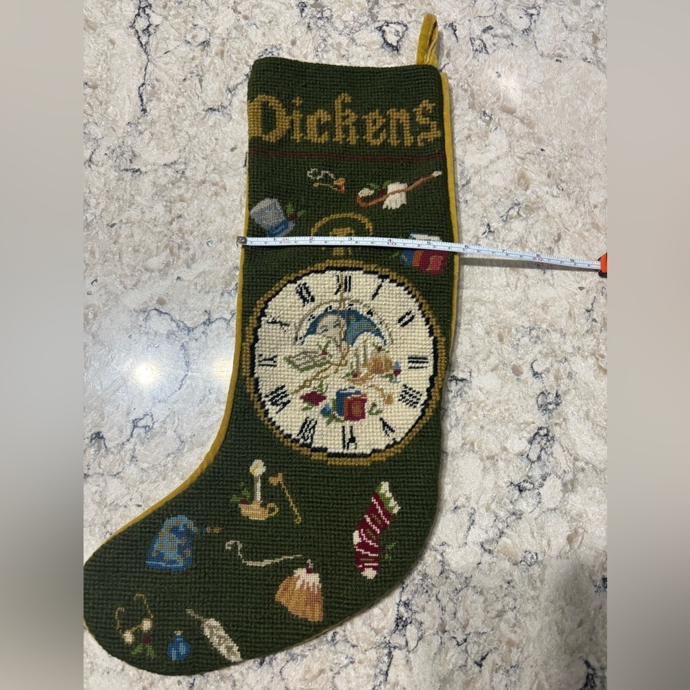 Vintage Dickens Needlepoint Green Christmas Stocking with Clock Design